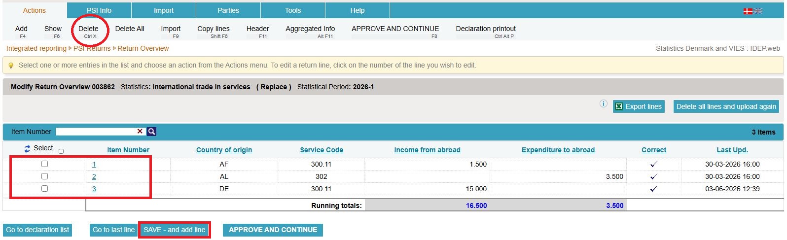 Screenshot of where to click in order to modify, delete or add posts in IDEP.