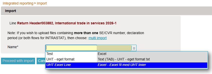 Screenshot of the option to choose file format UHT Excel Line when using data import in IDEP.