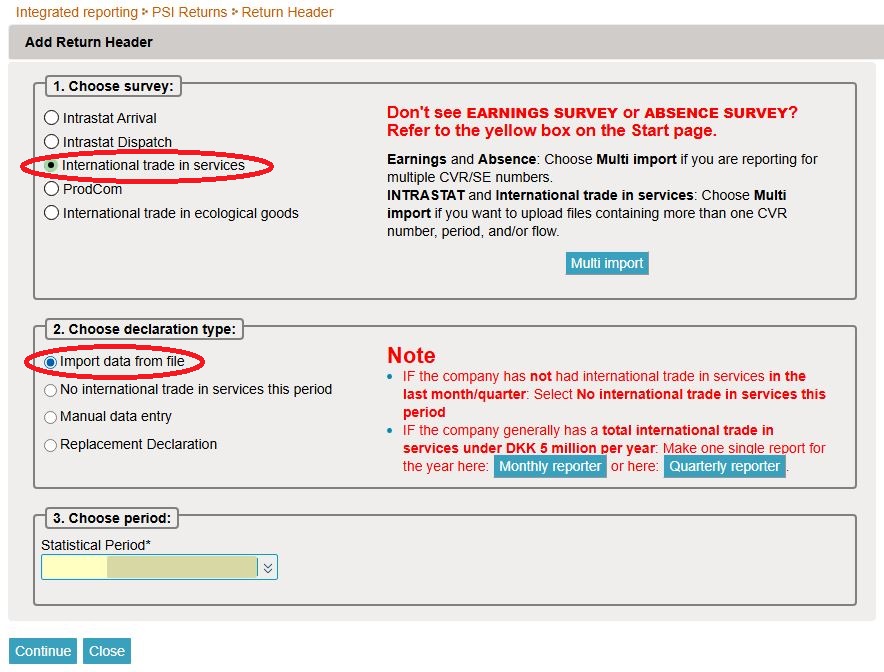 Screenshot of options when adding return by data import in IDEP.