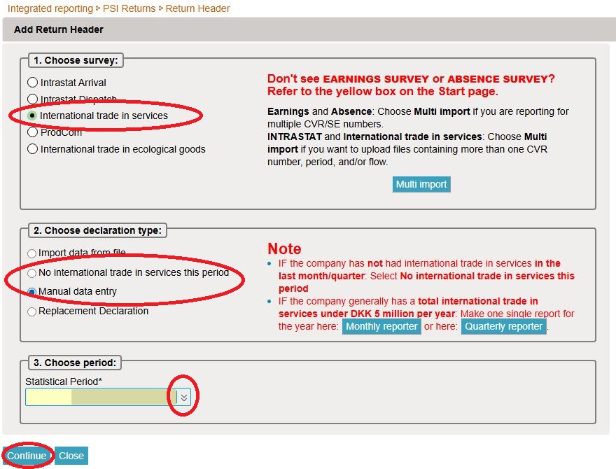 Screenshot of options when adding return by manual data entry in IDEP.