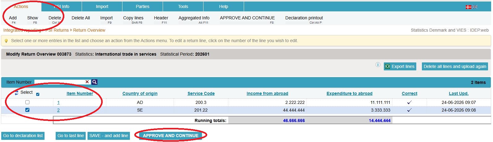 Screenshot of overview before approving declaration in IDEP.