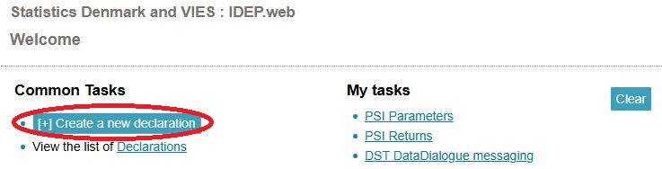 Screenshot of where to click on start page to create a new declaration in IDEP.
